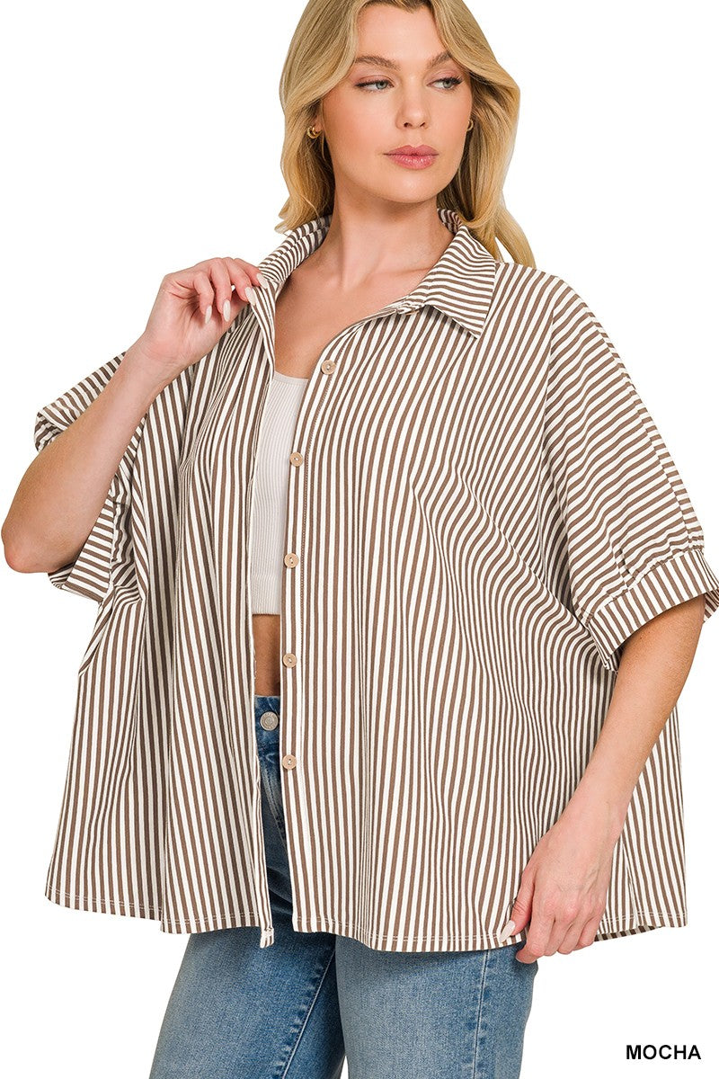 OVERSIZE STRIPED BUTTON DOWN TOP - MOCHA