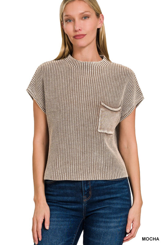WASHED MOCK NECK CROPPED SWEATER - MOCHA