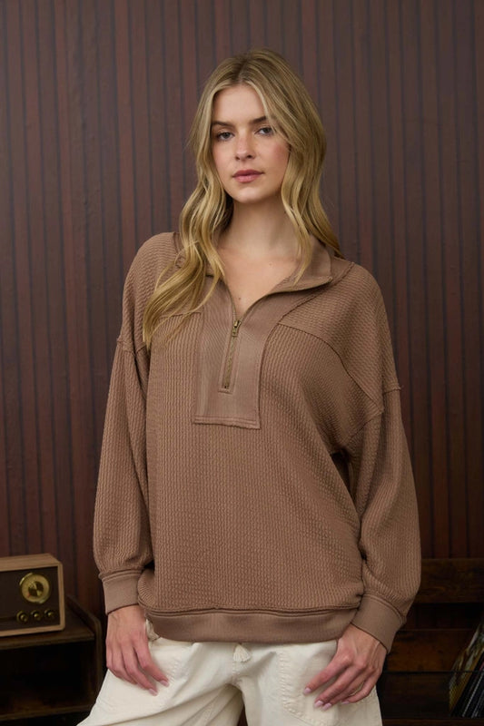 WESLEY HALF ZIP COLLARED TOP - MOCHA