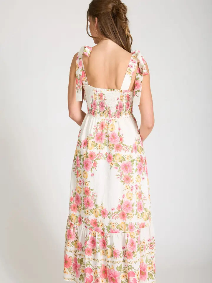 FLORAL TIE SMOCKED MIDI DRESS
