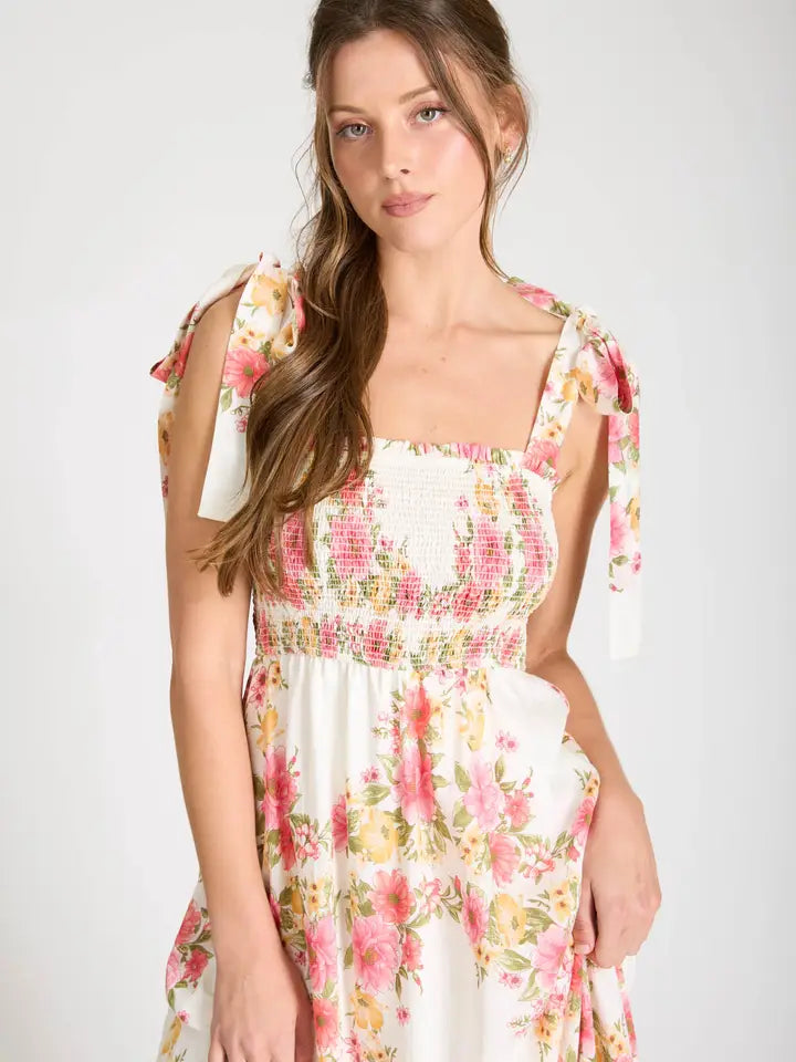 FLORAL TIE SMOCKED MIDI DRESS