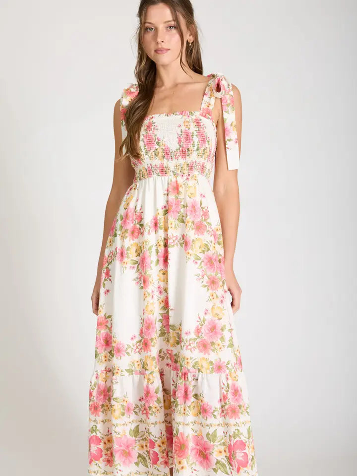 FLORAL TIE SMOCKED MIDI DRESS