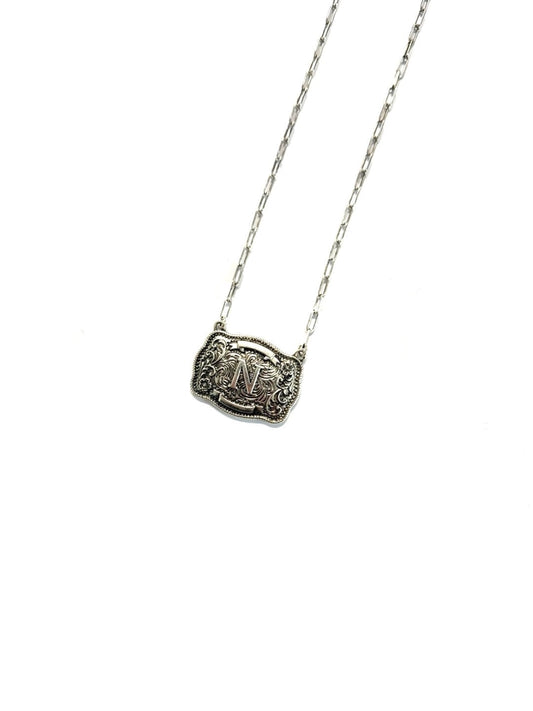 Western Belt Buckle Initial Necklace - N
