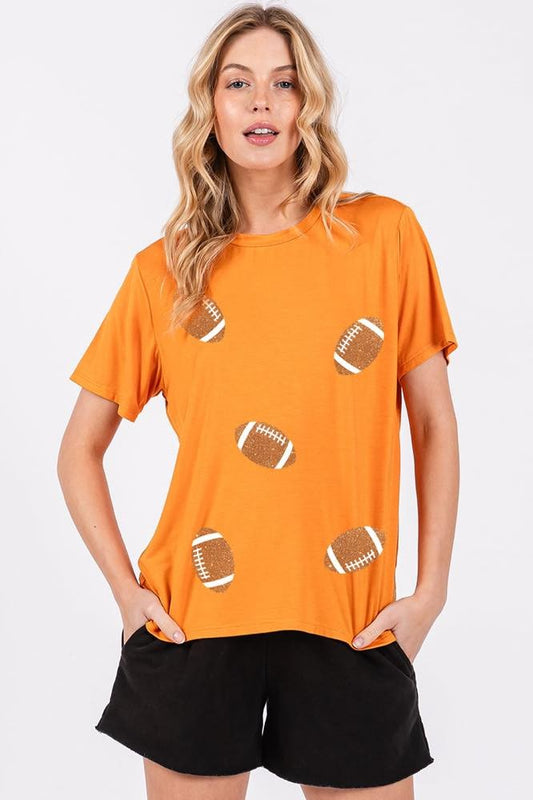 GLITTER FOOTBALL TEE - ORANGE