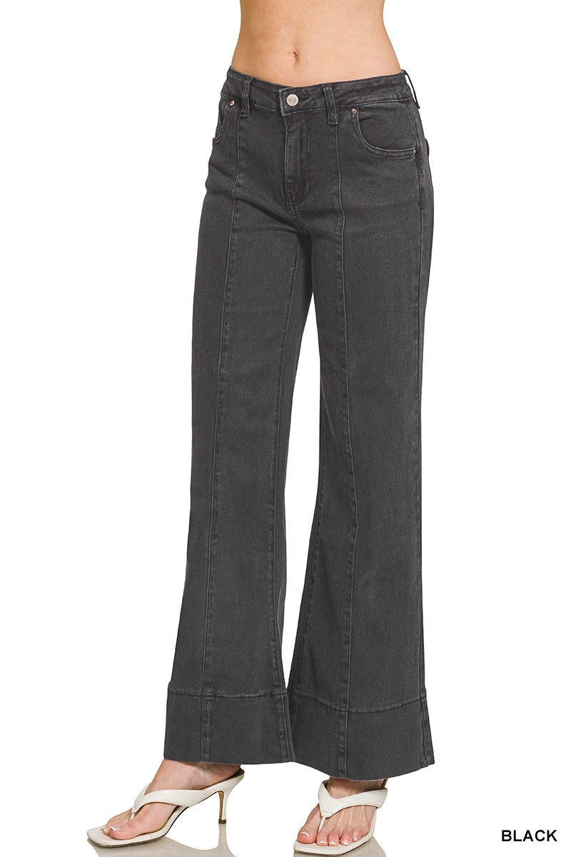 MID RISE WIDE LEG DENIM PANTS - BLACK