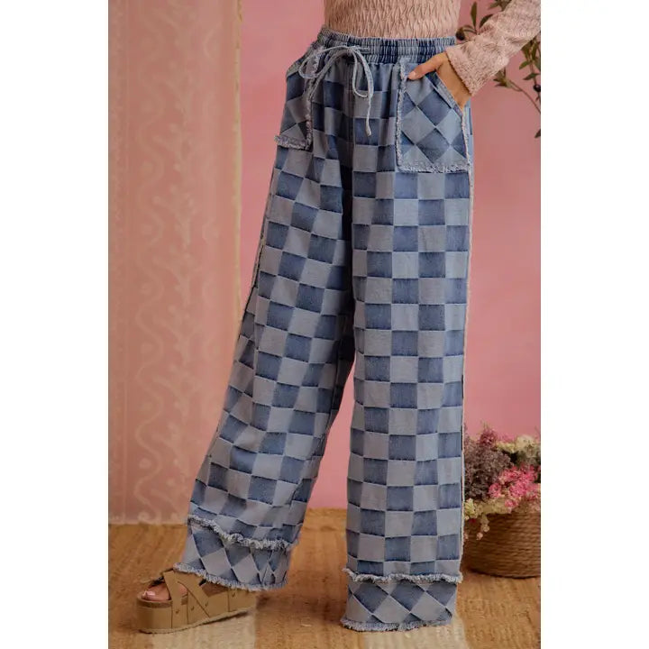 CHECKERED WASHED DENIM WIDE LEG JEANS
