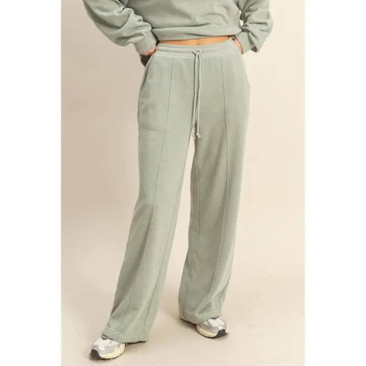 HIGH WAIST DRAWSTRING PINTUCK PANTS - GREEN