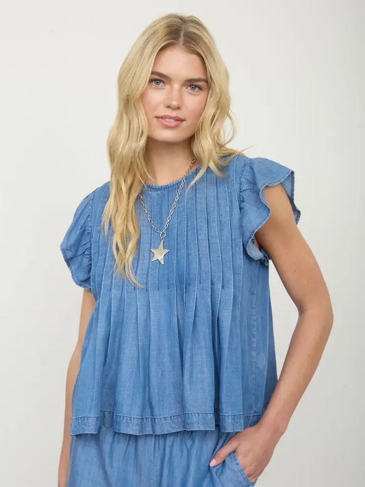 PINTUCK DETAILED RUFFLE DENIM TOP