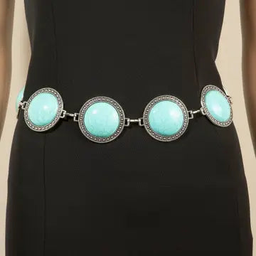 ROUND TURQUOISE STONE WESTERN BELT - SILVER