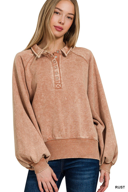 ACID WASH BUTTON UP COLLARED PULLOVER - RUST