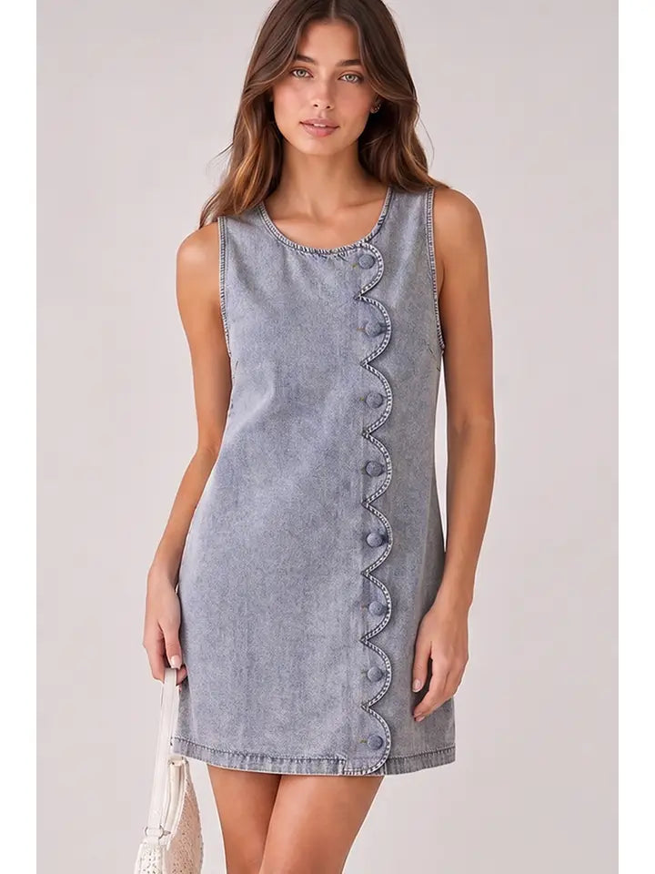 SCALLOP WASHED DENIM MINI DRESS