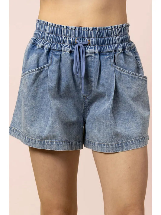 ELASTIC WAIST CHAMBRAY SHORTS