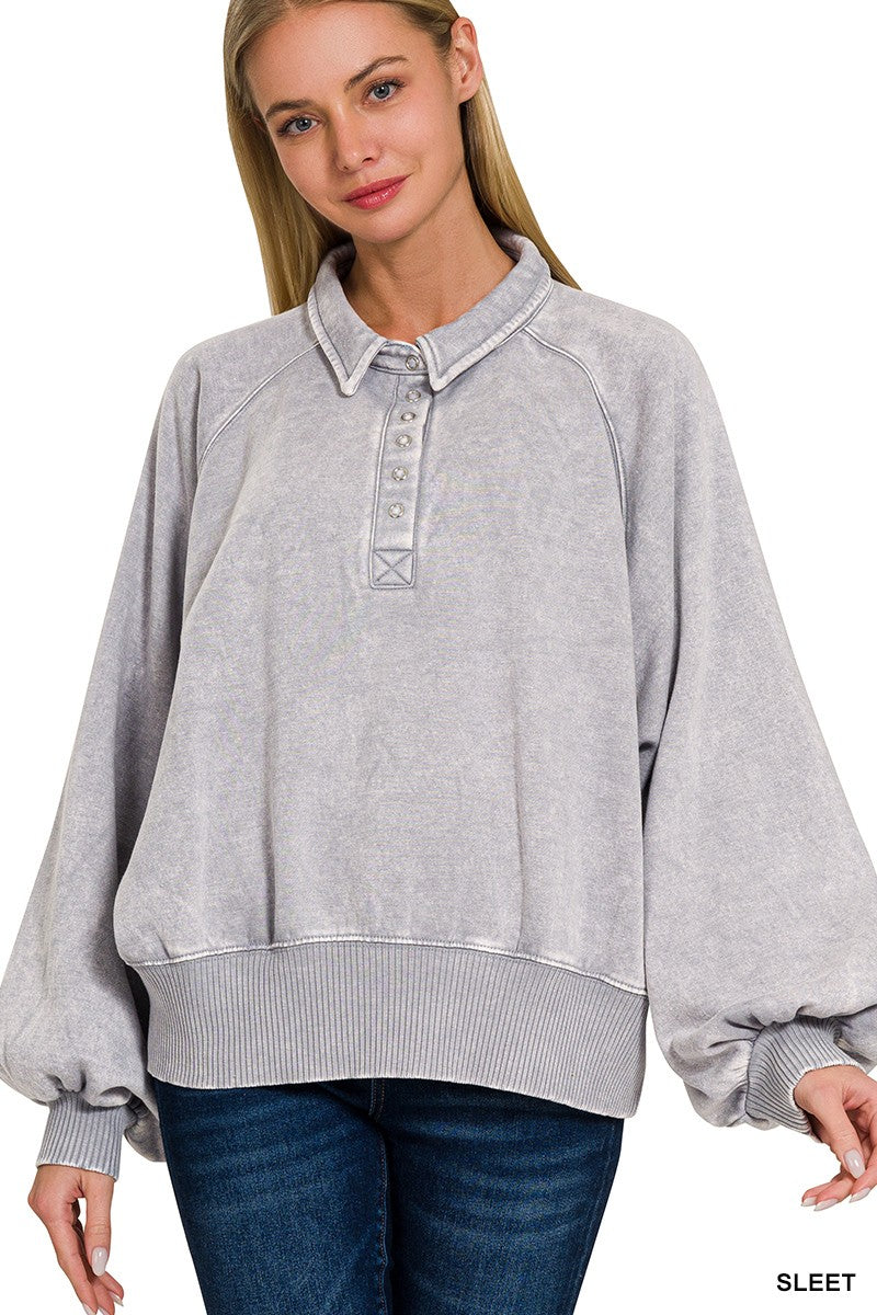 ACID WASHED BUTTON UP COLLARED PULLOVER - SLEET