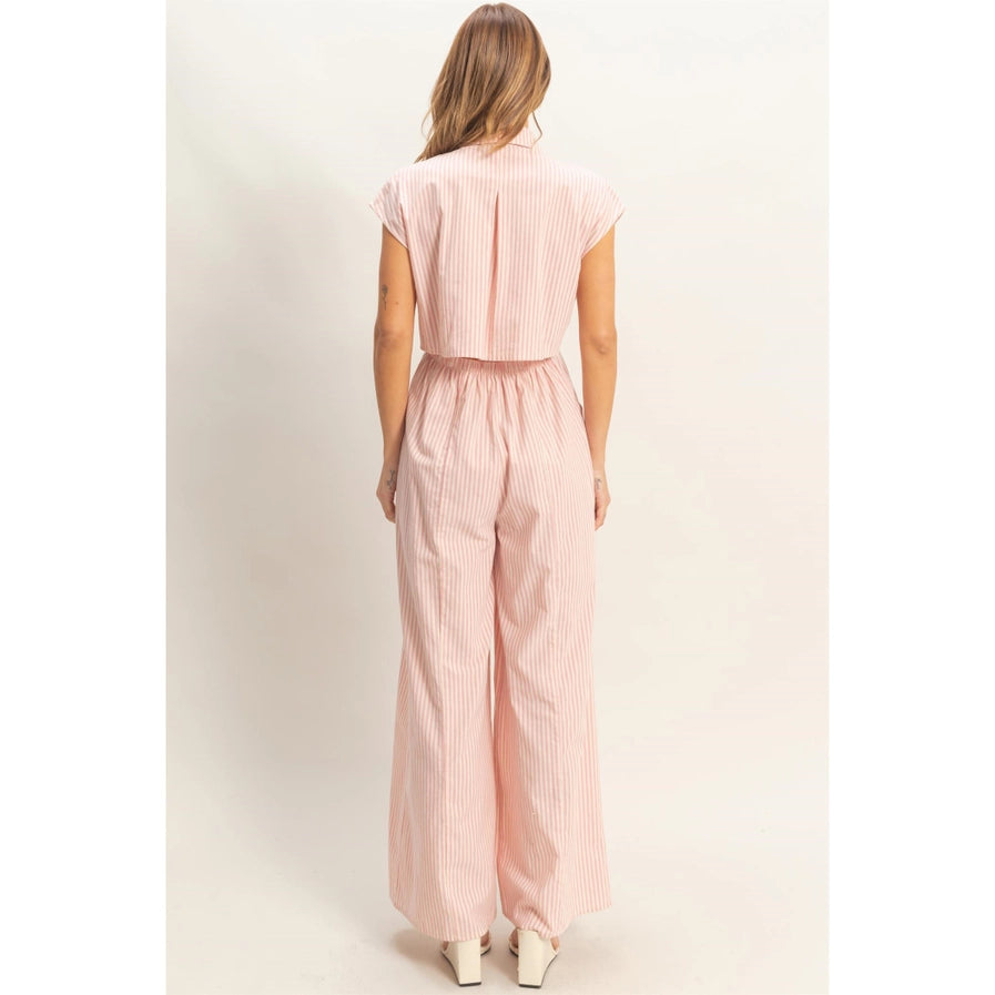 STRIPED BUTTON-DOWN JUMPSUIT - PINK