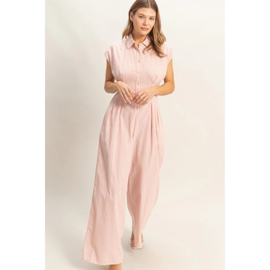 STRIPED BUTTON-DOWN JUMPSUIT - PINK