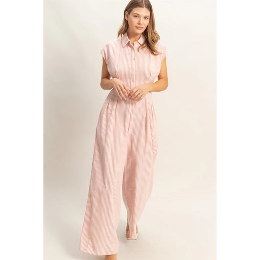STRIPED BUTTON-DOWN JUMPSUIT - PINK