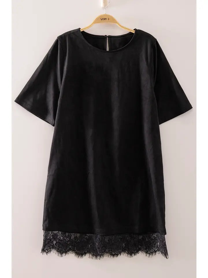 FAUX SUEDE LACE HEM MINI DRESS - BLACK