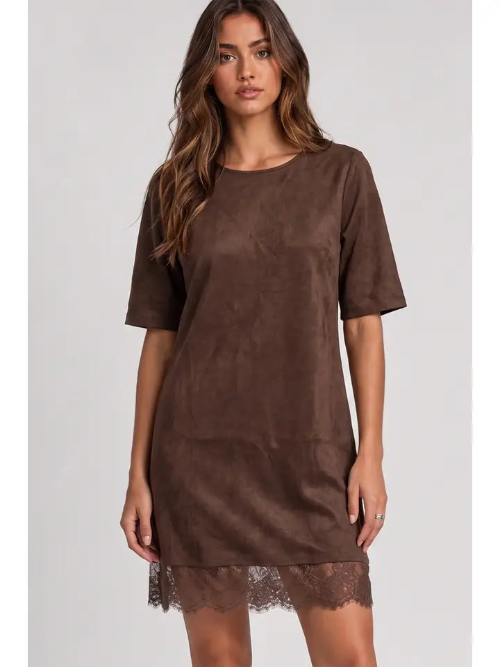 FAUX SUEDE LACE HEM MINI DRESS - BROWN