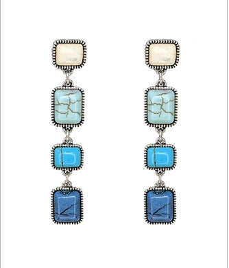 Western Linear Square Stone Earrings - Blue Multi