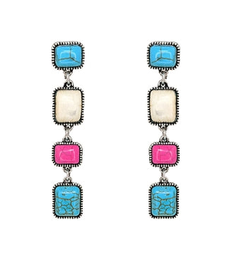 Western Linear Square Stone Earrings - Pink/Turquoise