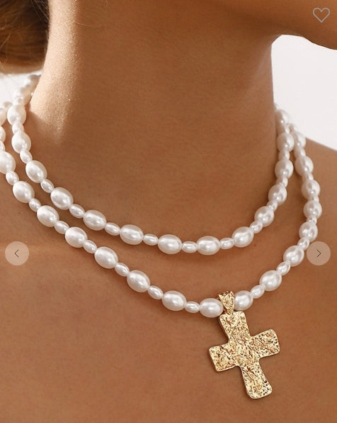 Pearl Beaded Layer Cross Necklace