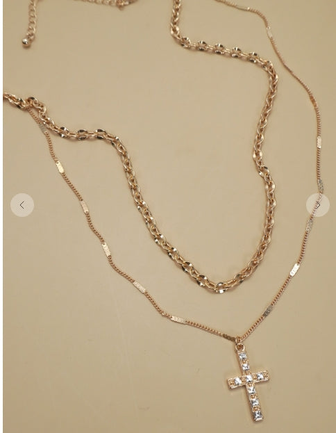 Double Layer Rhinestone Cross Necklace