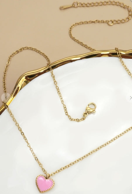 Mini Heart Pendant Necklace - Pink