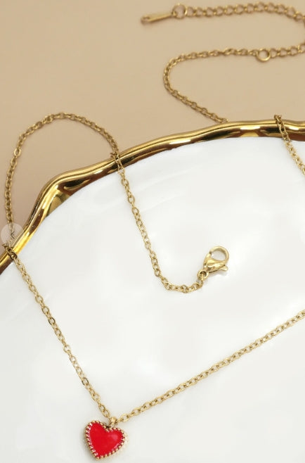 Mini Heart Pendant Necklace - Red