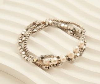 Waterproof Jewelry - Genuine Pearl Stretch Bracelet Set - Silver