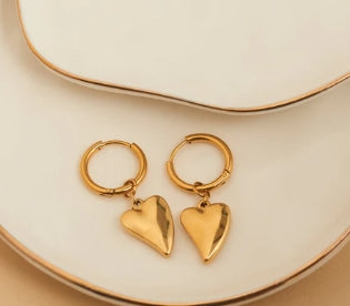 Waterproof Jewelry - Heart Charm Hoops - Gold