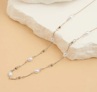 Waterproof Jewelry - Pearl and Bead Station Necklace - Silver