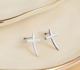 Waterproof Jewelry - Curved Cross Studs - Silver