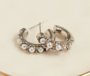 Waterproof Jewelry - Pearl C-Hoops - Silver