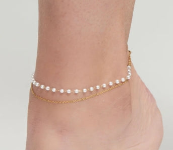 Waterproof Jewelry - Double Row Pearl & Chain Anklet - Gold