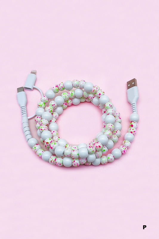 BEADED DUAL USB CHARGING CORD - WHITE FLORAL