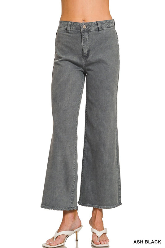Acid Wash Frayed Hem Straight Pants - Ash Black