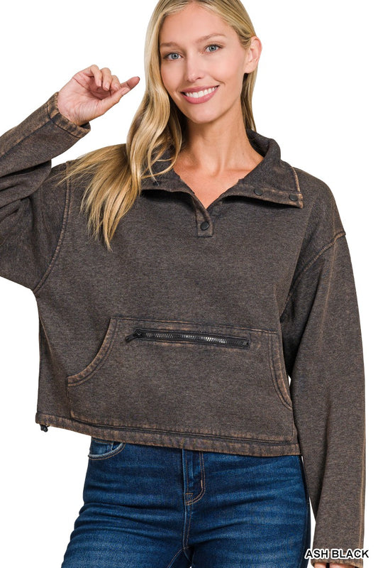 Acid Wash Half Snap Pullover