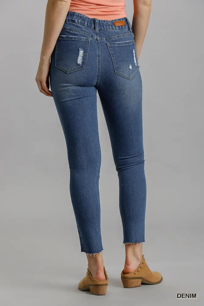 Distressed Detail Skinny Jeans - Denim