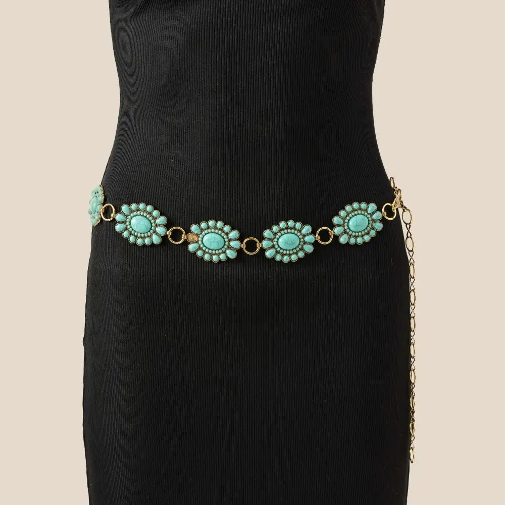 Western Turquoise Stone Bead Concho Belt - Gold