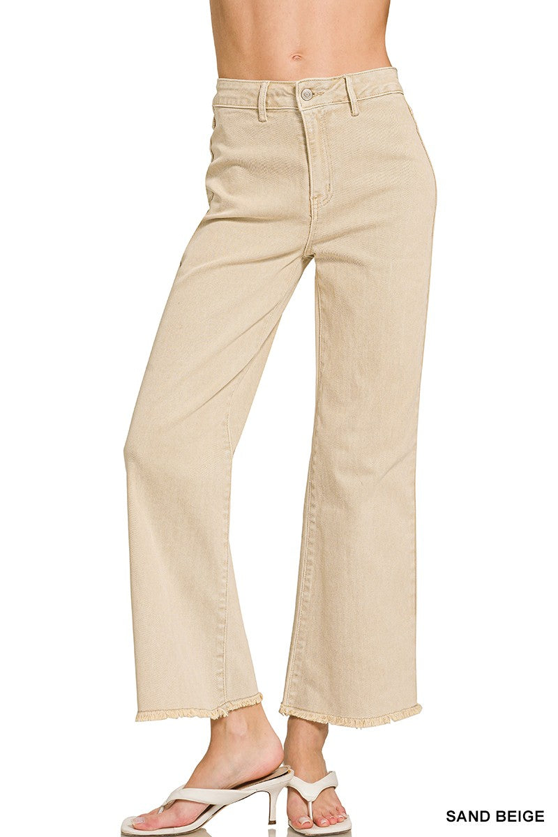 Acid Wash Frayed Hem Straight Pants - Sand Beige