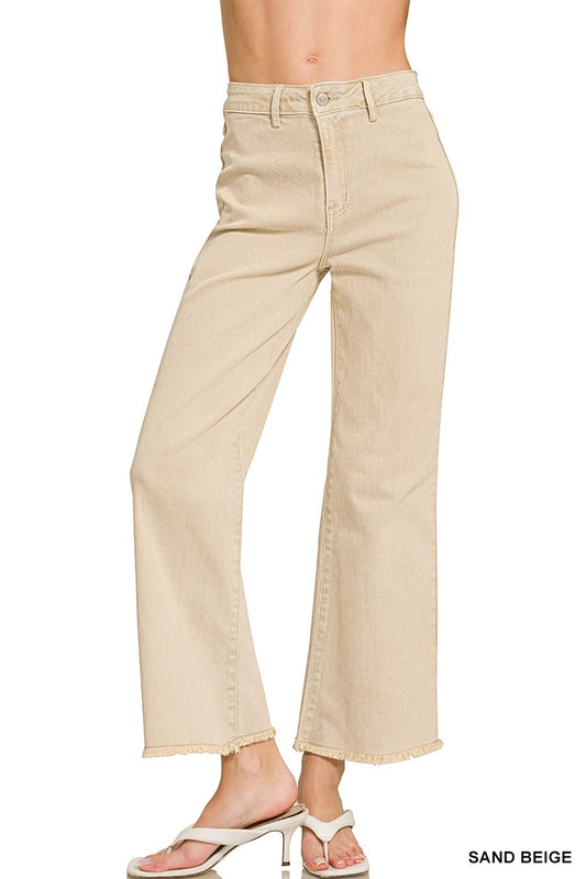 Acid Wash Frayed Hem Straight Pants - Sand Beige