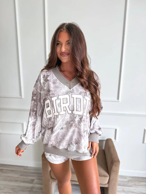 BIRDIE Ashwood Camo Oversized V-Neck Sweatshirt