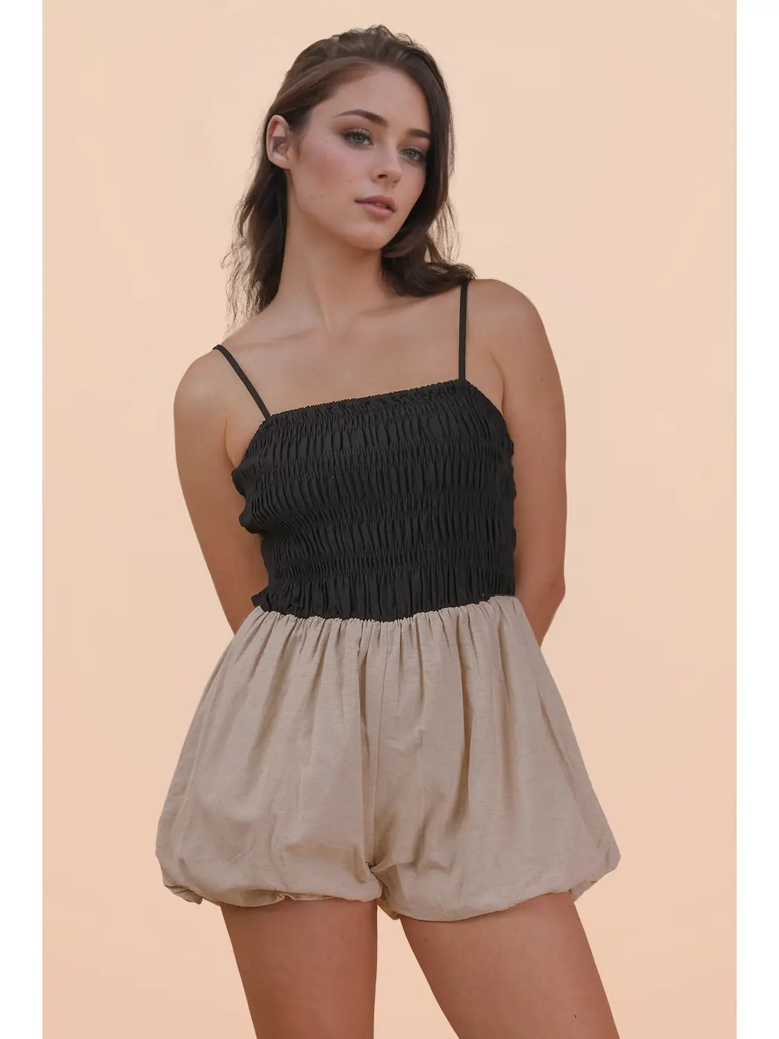 Smocked Bubble Hem Romper - Black
