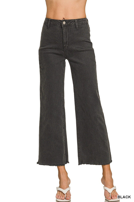 Acid Wash Frayed Hem Straight Pants - Black