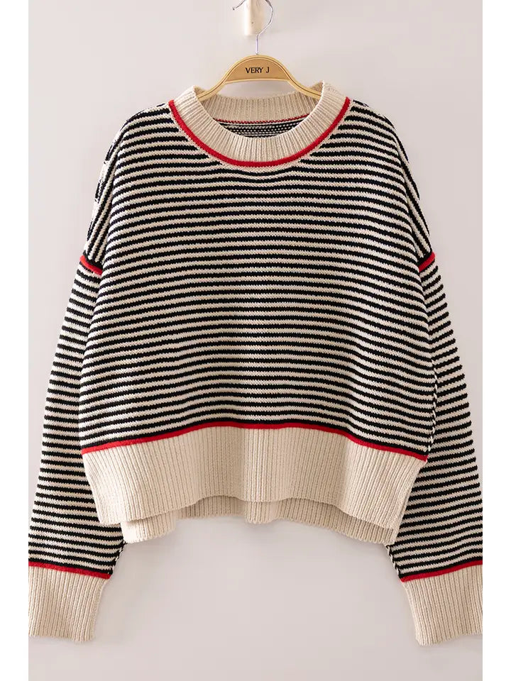 contrast trim stripe knit sweater - black