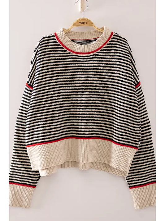 contrast trim stripe knit sweater - black