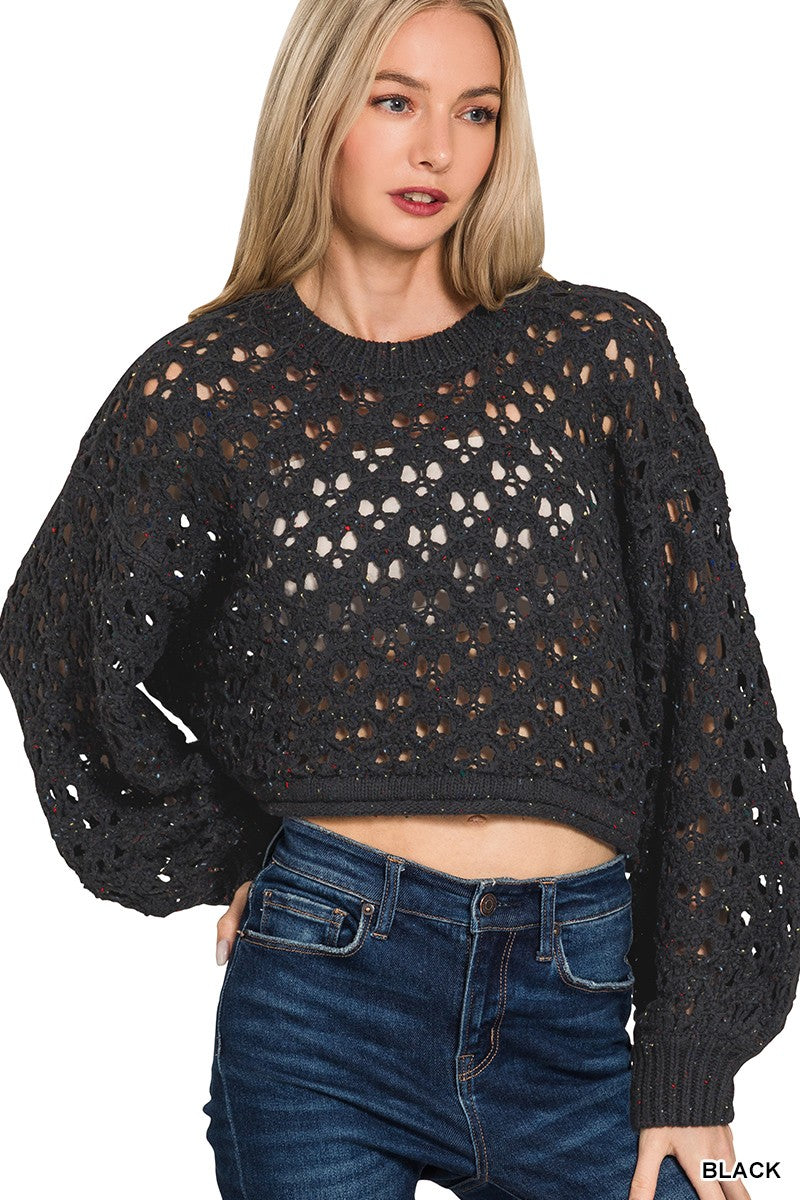 Cropped Crochet Knit Sweater - Black