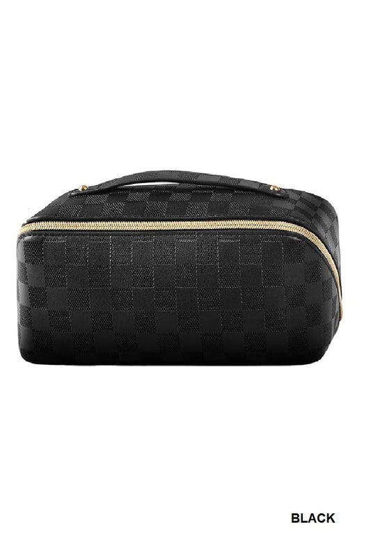 Leather Checkered Makeup Bag - Black