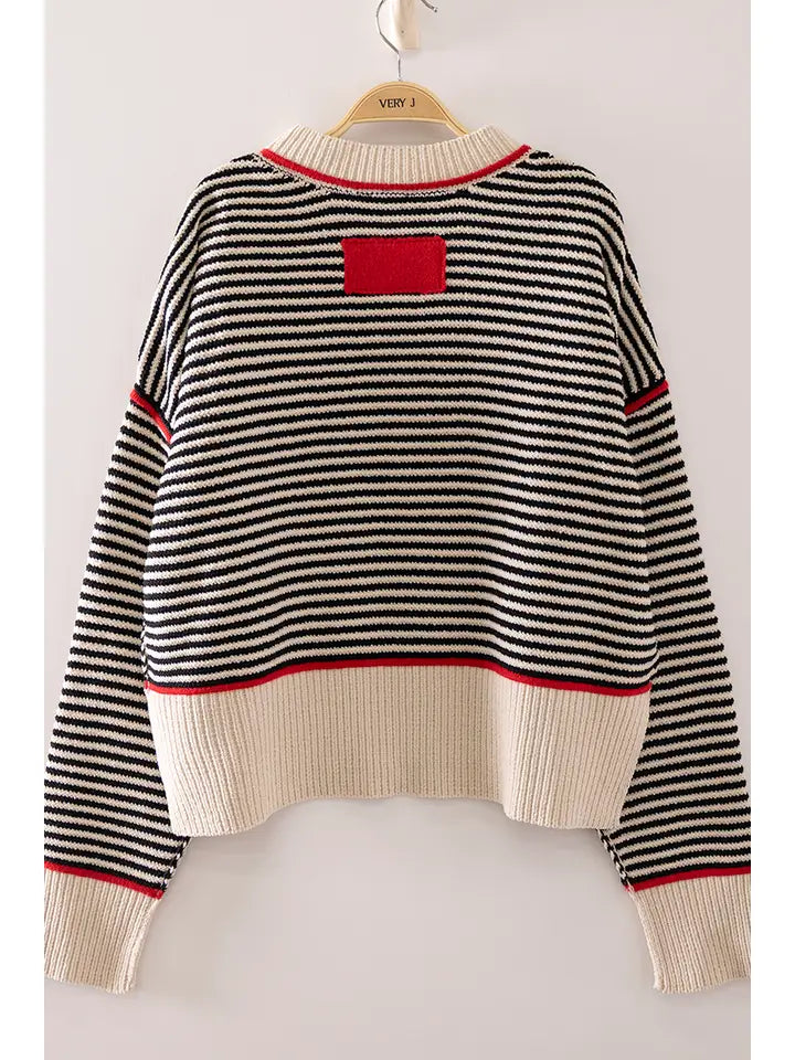 contrast trim stripe knit sweater - black