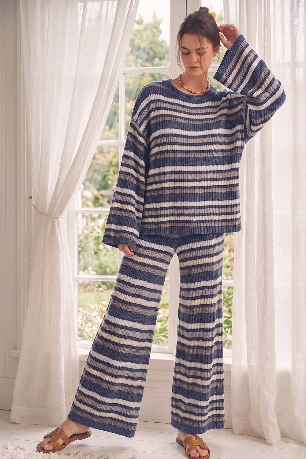 retro striped knit pants - blue